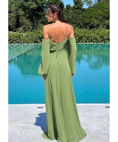 Cold Shoulder Long Sleeve Bridesmaid Dresses with Slit for Wedding Ruched Chiffon Formal Evening Gown Mustard Yellow $26.00 D...