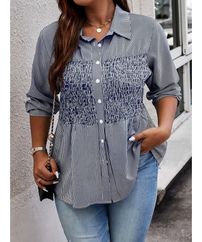 Women's Plus Size Striped Print Collar Neck Button Down Shirt Shirred Blouse Tops Blue and White $11.39 Blouses