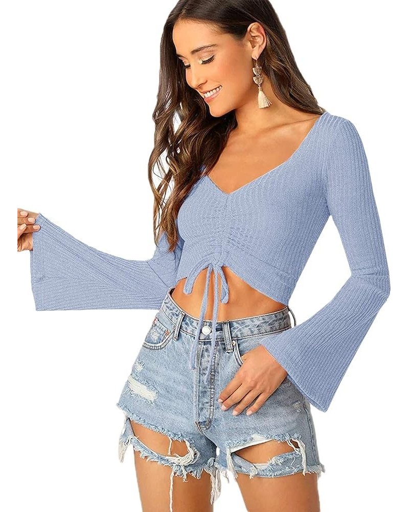 Women's Adjustable Drawstring String Long Bell Sleeve Rib Knit Sexy Crop Top Light Blue $13.34 Sweaters