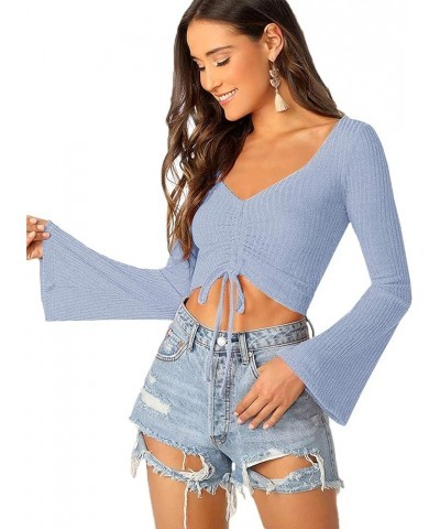 Women's Adjustable Drawstring String Long Bell Sleeve Rib Knit Sexy Crop Top Light Blue $13.34 Sweaters