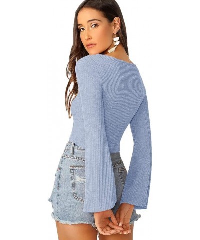 Women's Adjustable Drawstring String Long Bell Sleeve Rib Knit Sexy Crop Top Light Blue $13.34 Sweaters