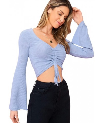 Women's Adjustable Drawstring String Long Bell Sleeve Rib Knit Sexy Crop Top Light Blue $13.34 Sweaters