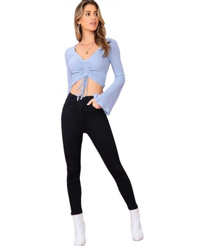 Women's Adjustable Drawstring String Long Bell Sleeve Rib Knit Sexy Crop Top Light Blue $13.34 Sweaters