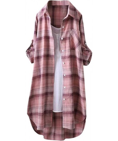 Blouses for Women Dressy Casual Classic Plaid Long Sleeve Shirts Ladies Loose Lapel Tunic Tops Going Out Date Outfits D-pink ...