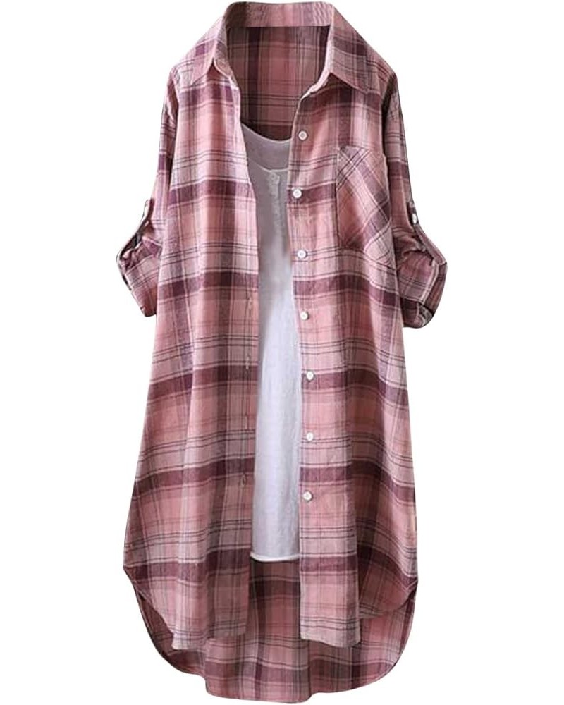 Blouses for Women Dressy Casual Classic Plaid Long Sleeve Shirts Ladies Loose Lapel Tunic Tops Going Out Date Outfits D-pink ...