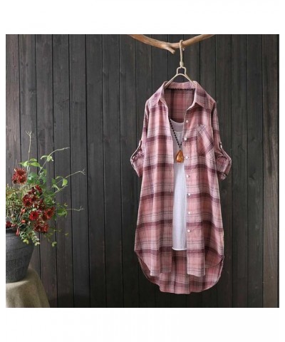 Blouses for Women Dressy Casual Classic Plaid Long Sleeve Shirts Ladies Loose Lapel Tunic Tops Going Out Date Outfits D-pink ...