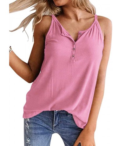 Womens Henley Tank Tops Button Up Shirts Workout Summer Casual Sleeveless Tunics Loose Fit Tees Blouse 5 Pink $10.59 Tanks