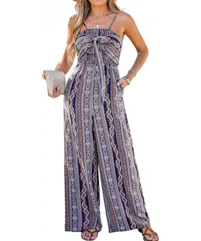 Women's Paisley Bow Lace up Jumpsuit Boho Wide Leg Romper Bow Tie Spaghetti Strap Outfit Blue $21.65 Jumpsuits