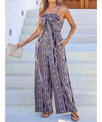 Women's Paisley Bow Lace up Jumpsuit Boho Wide Leg Romper Bow Tie Spaghetti Strap Outfit Blue $21.65 Jumpsuits