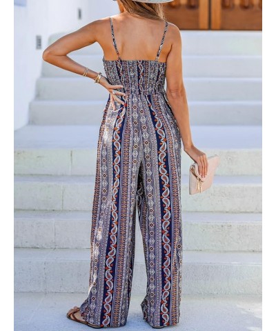 Women's Paisley Bow Lace up Jumpsuit Boho Wide Leg Romper Bow Tie Spaghetti Strap Outfit Blue $21.65 Jumpsuits