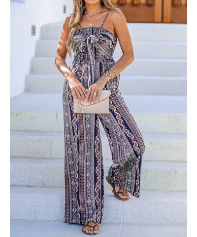 Women's Paisley Bow Lace up Jumpsuit Boho Wide Leg Romper Bow Tie Spaghetti Strap Outfit Blue $21.65 Jumpsuits