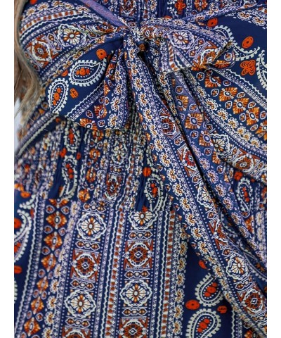 Women's Paisley Bow Lace up Jumpsuit Boho Wide Leg Romper Bow Tie Spaghetti Strap Outfit Blue $21.65 Jumpsuits