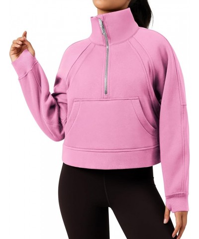 Fleece Lined Womens Sweatshirt - Half Zip Cropped Pullover Women With Stand Collar & Thumb Hole 2 Pink $22.09 Hoodies & Sweat...