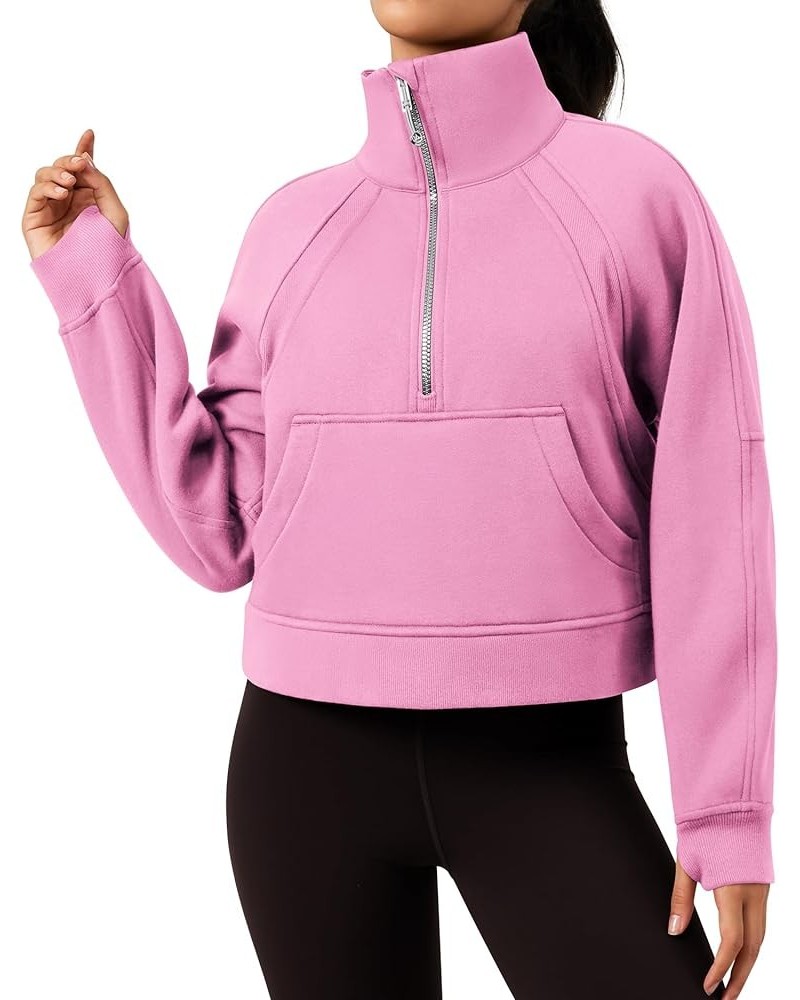 Fleece Lined Womens Sweatshirt - Half Zip Cropped Pullover Women With Stand Collar & Thumb Hole 2 Pink $22.09 Hoodies & Sweat...