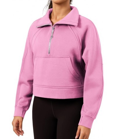 Fleece Lined Womens Sweatshirt - Half Zip Cropped Pullover Women With Stand Collar & Thumb Hole 2 Pink $22.09 Hoodies & Sweat...