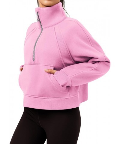 Fleece Lined Womens Sweatshirt - Half Zip Cropped Pullover Women With Stand Collar & Thumb Hole 2 Pink $22.09 Hoodies & Sweat...