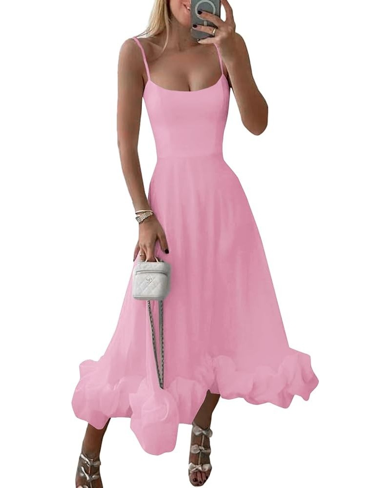 Women's Spaghetti Strap Sleeveless Ruffle Hem Flowy Elegant Midi Long Dress Solid Pink $27.29 Dresses