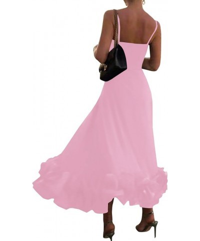 Women's Spaghetti Strap Sleeveless Ruffle Hem Flowy Elegant Midi Long Dress Solid Pink $27.29 Dresses