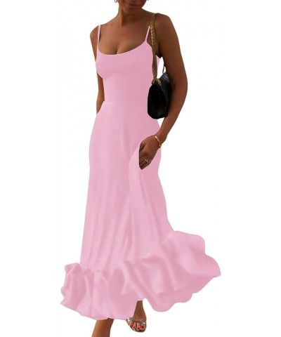 Women's Spaghetti Strap Sleeveless Ruffle Hem Flowy Elegant Midi Long Dress Solid Pink $27.29 Dresses