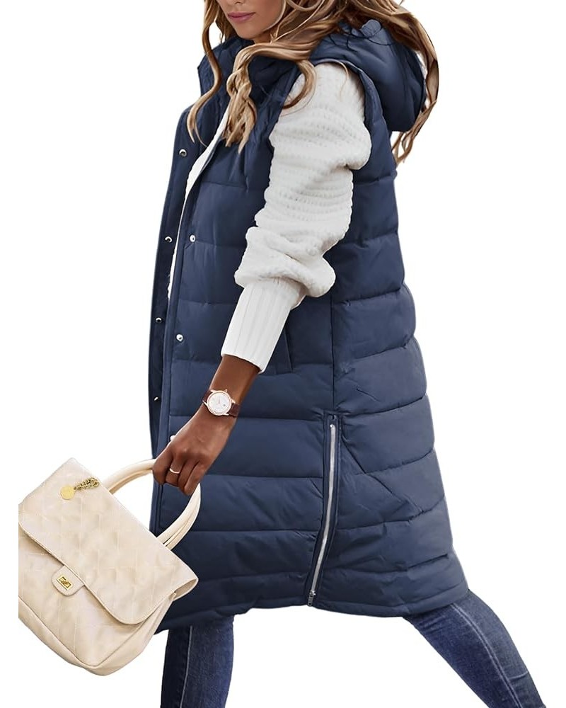 Womens Puffer Vest Winter Hooded Sleeveless Zip Up Long Puffy Jacket Warm Thick Quilted Coats with Pockets Navy $24.80 Vests