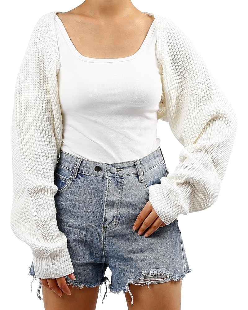 Women's Cardigan Sweater Shrug Solid Color Open Front Long Sleeve Knitted Crop Shurg Sweater White $12.92 Sweaters