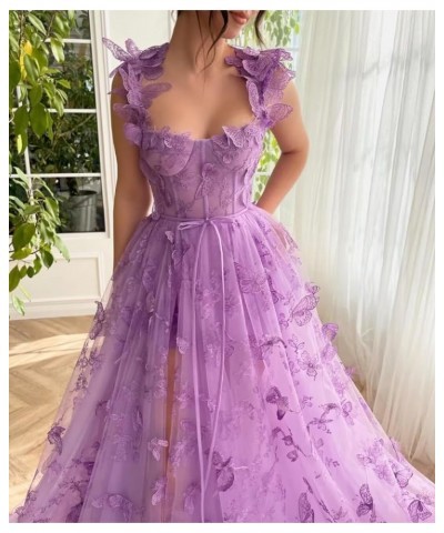 3D Laces Butterflies Tulle Long Prom Dress Spaghetti Strap Sweetheart Fairy Court of Honor Dress A Line with Slit ZD35 Lilac ...