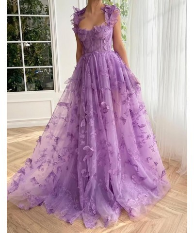 3D Laces Butterflies Tulle Long Prom Dress Spaghetti Strap Sweetheart Fairy Court of Honor Dress A Line with Slit ZD35 Lilac ...