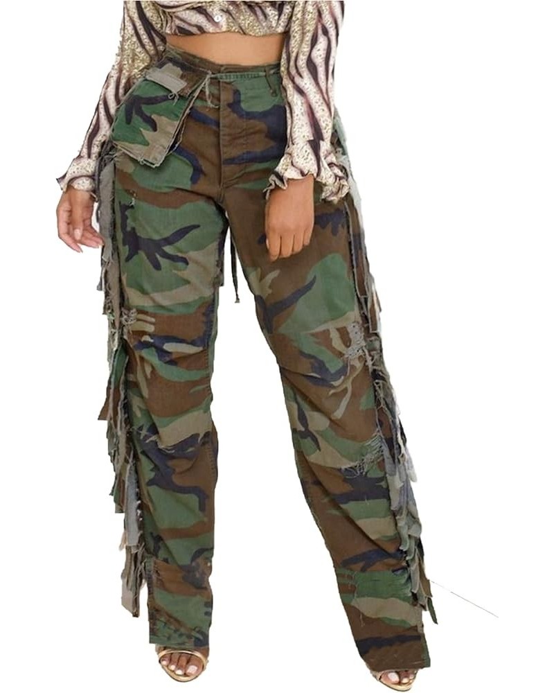 Women's High Waist Fringe Pants Casual Side Color Side Tassel Wide Leg Long Sweatpants 9039pd-camo $9.27 Pants