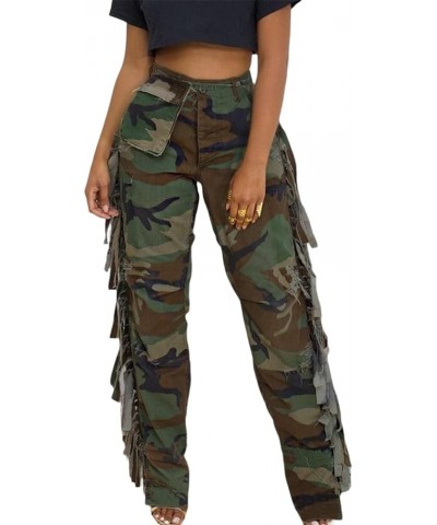 Women's High Waist Fringe Pants Casual Side Color Side Tassel Wide Leg Long Sweatpants 9039pd-camo $9.27 Pants