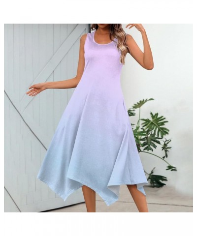 Summer Spring Dress for Women Casual Fashion Round Neck Sleeveless Dress Printed Slim Fit Irregular Midi Dress 03-light Purpl...