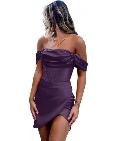 Off Shoulder Short Corset Homecoming Dresses Tight Satin Prom Dress for Teens Cocktail Party Gown 2023 Plum $18.90 Dresses