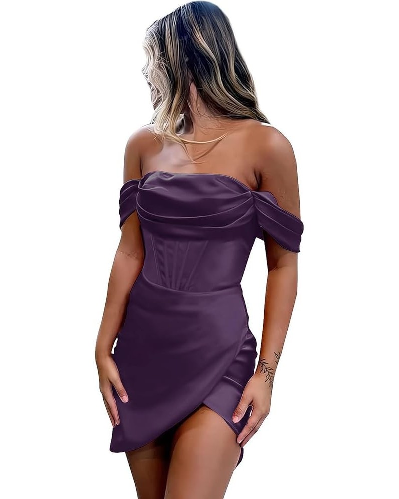 Off Shoulder Short Corset Homecoming Dresses Tight Satin Prom Dress for Teens Cocktail Party Gown 2023 Plum $18.90 Dresses