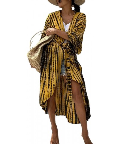 Women Long Beach Kimono Curve Hem Loose open front Bathing suit cover up A-yellow&black $15.18 Others