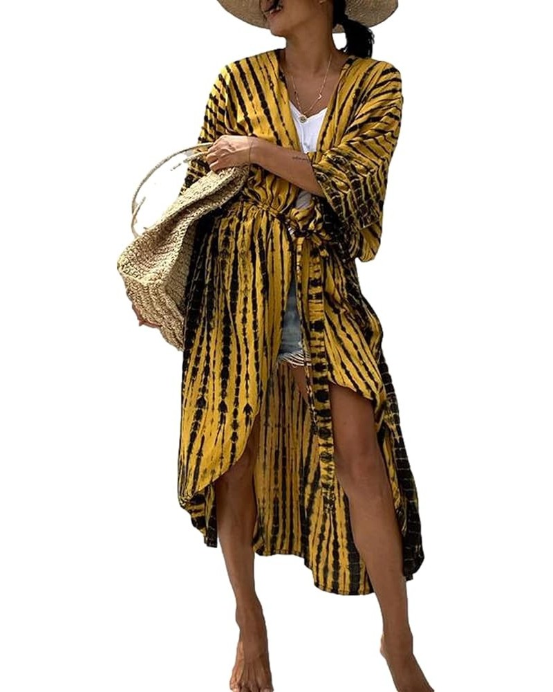 Women Long Beach Kimono Curve Hem Loose open front Bathing suit cover up A-yellow&black $15.18 Others