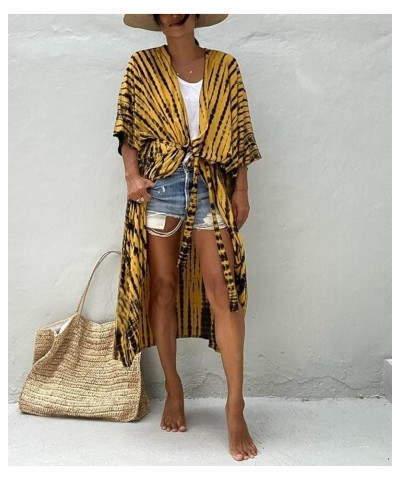 Women Long Beach Kimono Curve Hem Loose open front Bathing suit cover up A-yellow&black $15.18 Others