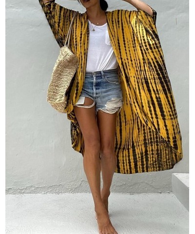 Women Long Beach Kimono Curve Hem Loose open front Bathing suit cover up A-yellow&black $15.18 Others