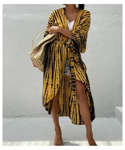 Women Long Beach Kimono Curve Hem Loose open front Bathing suit cover up A-yellow&black $15.18 Others