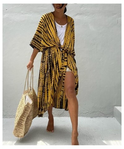 Women Long Beach Kimono Curve Hem Loose open front Bathing suit cover up A-yellow&black $15.18 Others