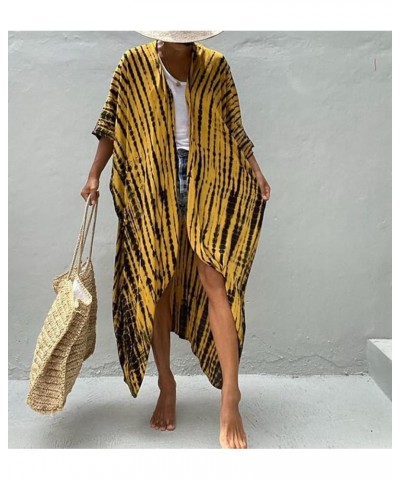 Women Long Beach Kimono Curve Hem Loose open front Bathing suit cover up A-yellow&black $15.18 Others