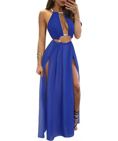 Women's Sexy Boho Floral Halter Summer Maxi Dress Beach Party Split Cover Up Swimsuit Outfit 2024 Solid Color-royal Blue $13....