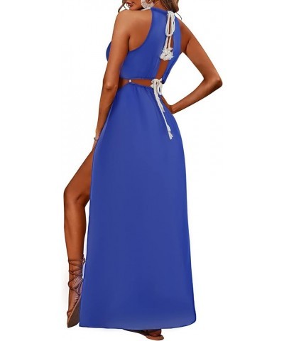 Women's Sexy Boho Floral Halter Summer Maxi Dress Beach Party Split Cover Up Swimsuit Outfit 2024 Solid Color-royal Blue $13....