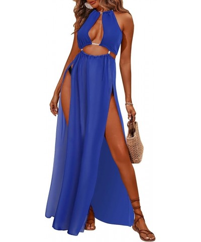 Women's Sexy Boho Floral Halter Summer Maxi Dress Beach Party Split Cover Up Swimsuit Outfit 2024 Solid Color-royal Blue $13....