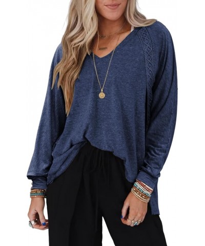 Women Long Sleeve V Neck Oversize Blouses Trendy Loose Lace Sleeves Casual Fall Tunic Tops T Shirt Navy $12.50 Blouses