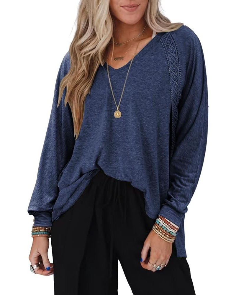 Women Long Sleeve V Neck Oversize Blouses Trendy Loose Lace Sleeves Casual Fall Tunic Tops T Shirt Navy $12.50 Blouses