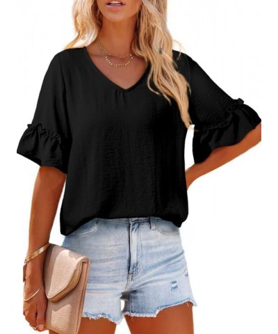 Women's Blouses V Neck Ruffle Short Sleeve Shirts Tops Tunics B Black $9.90 Blouses