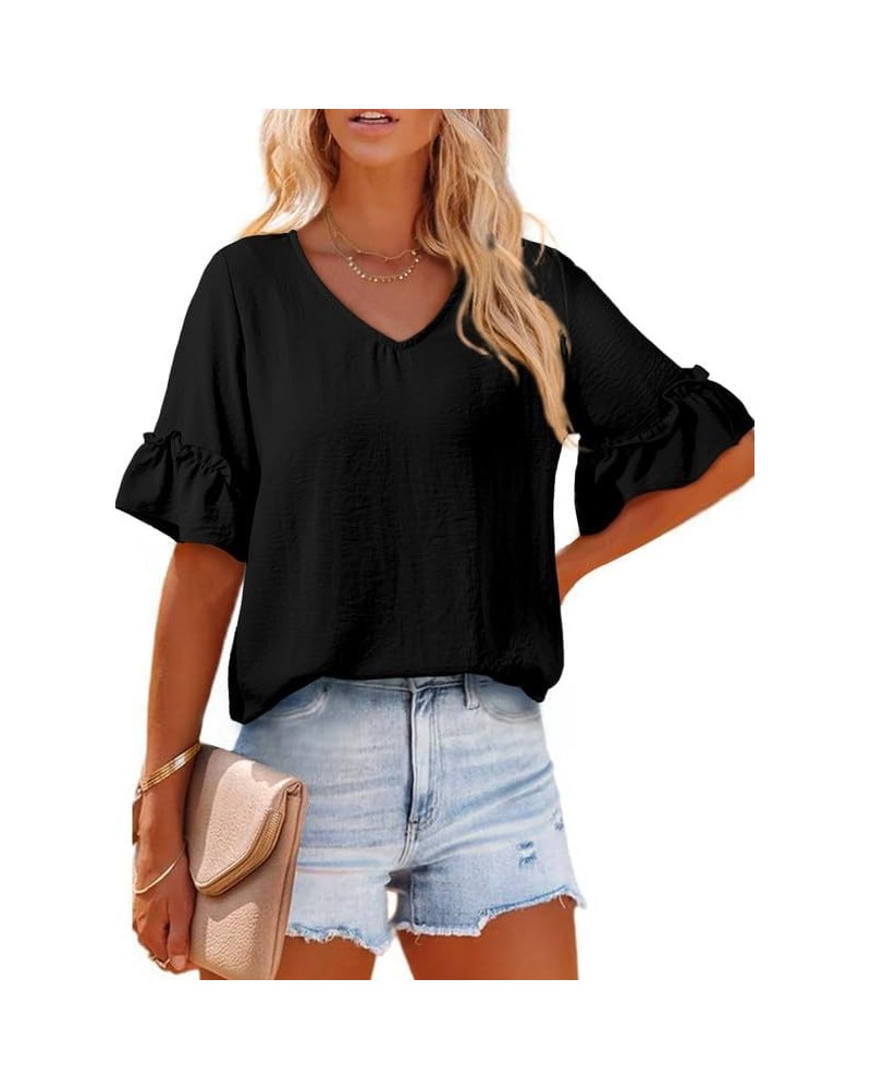 Women's Blouses V Neck Ruffle Short Sleeve Shirts Tops Tunics B Black $9.90 Blouses