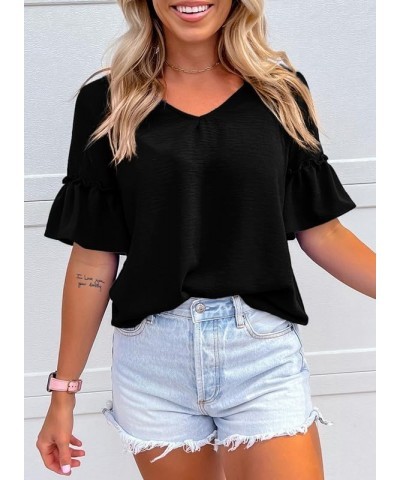 Women's Blouses V Neck Ruffle Short Sleeve Shirts Tops Tunics B Black $9.90 Blouses