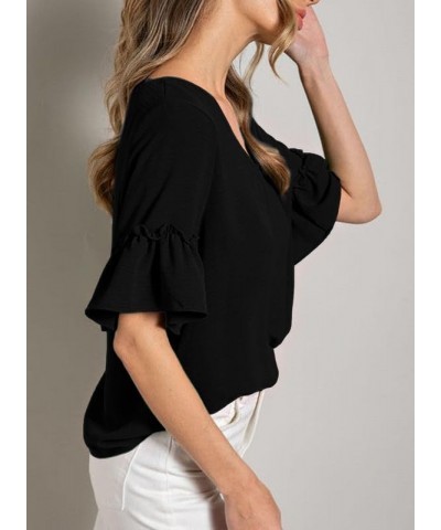 Women's Blouses V Neck Ruffle Short Sleeve Shirts Tops Tunics B Black $9.90 Blouses