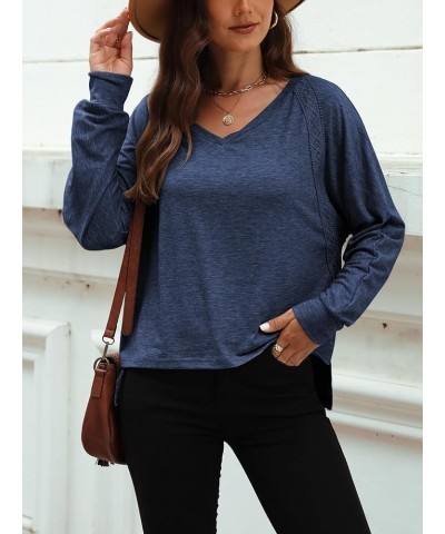 Women Long Sleeve V Neck Oversize Blouses Trendy Loose Lace Sleeves Casual Fall Tunic Tops T Shirt Navy $12.50 Blouses