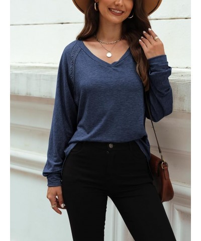 Women Long Sleeve V Neck Oversize Blouses Trendy Loose Lace Sleeves Casual Fall Tunic Tops T Shirt Navy $12.50 Blouses